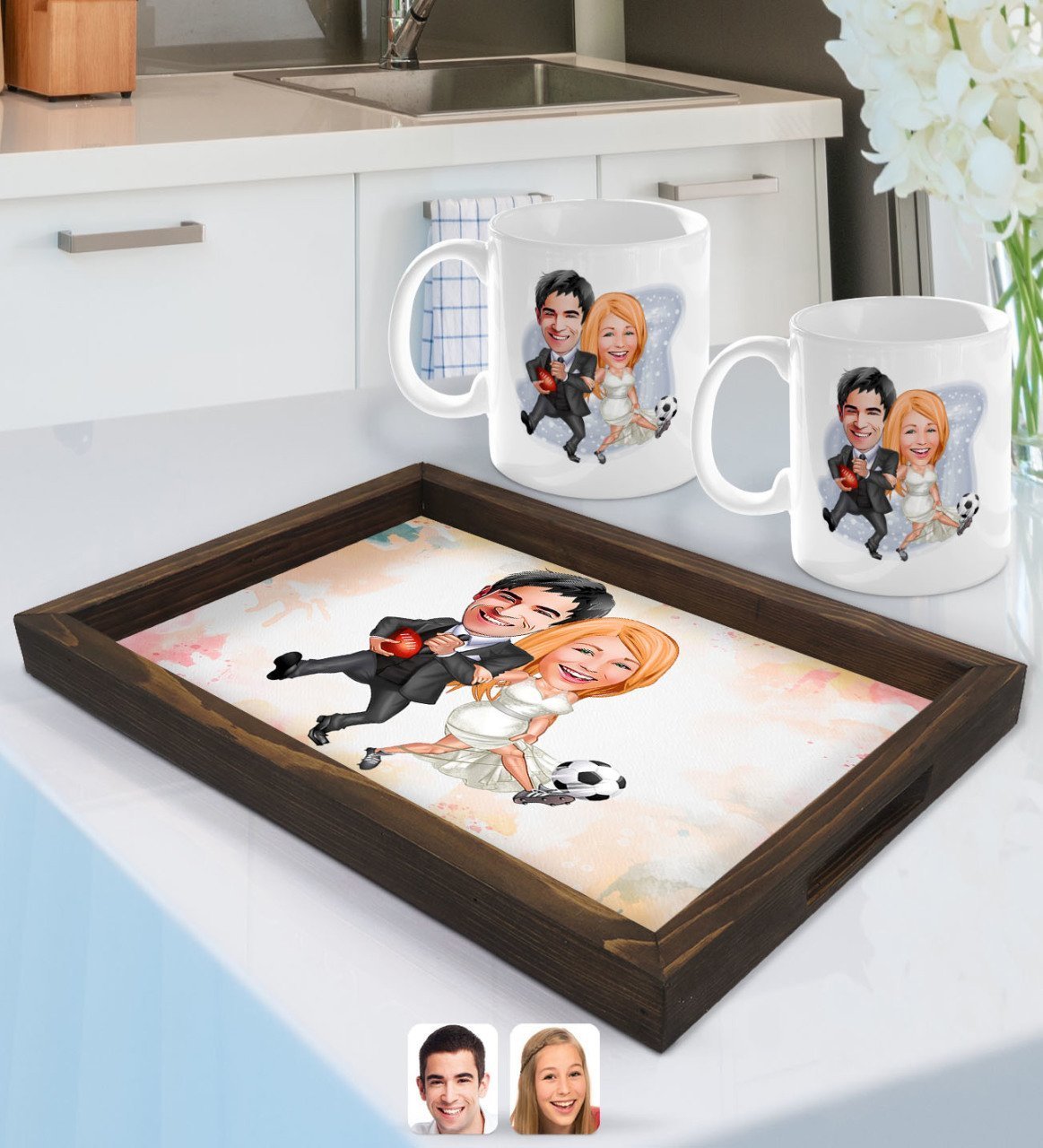 Kişiye Özel Sevgililer Karikatürlü Doğal Ahşap Tepsi ve 2’li Kupa Bardak Seti-15