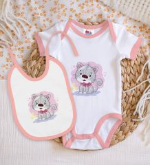 BK Kids Sevimli Köpek Tasarımlı Pembe Bebek Body Zıbın ve Mama Önlüğü Hediye Seti-1
