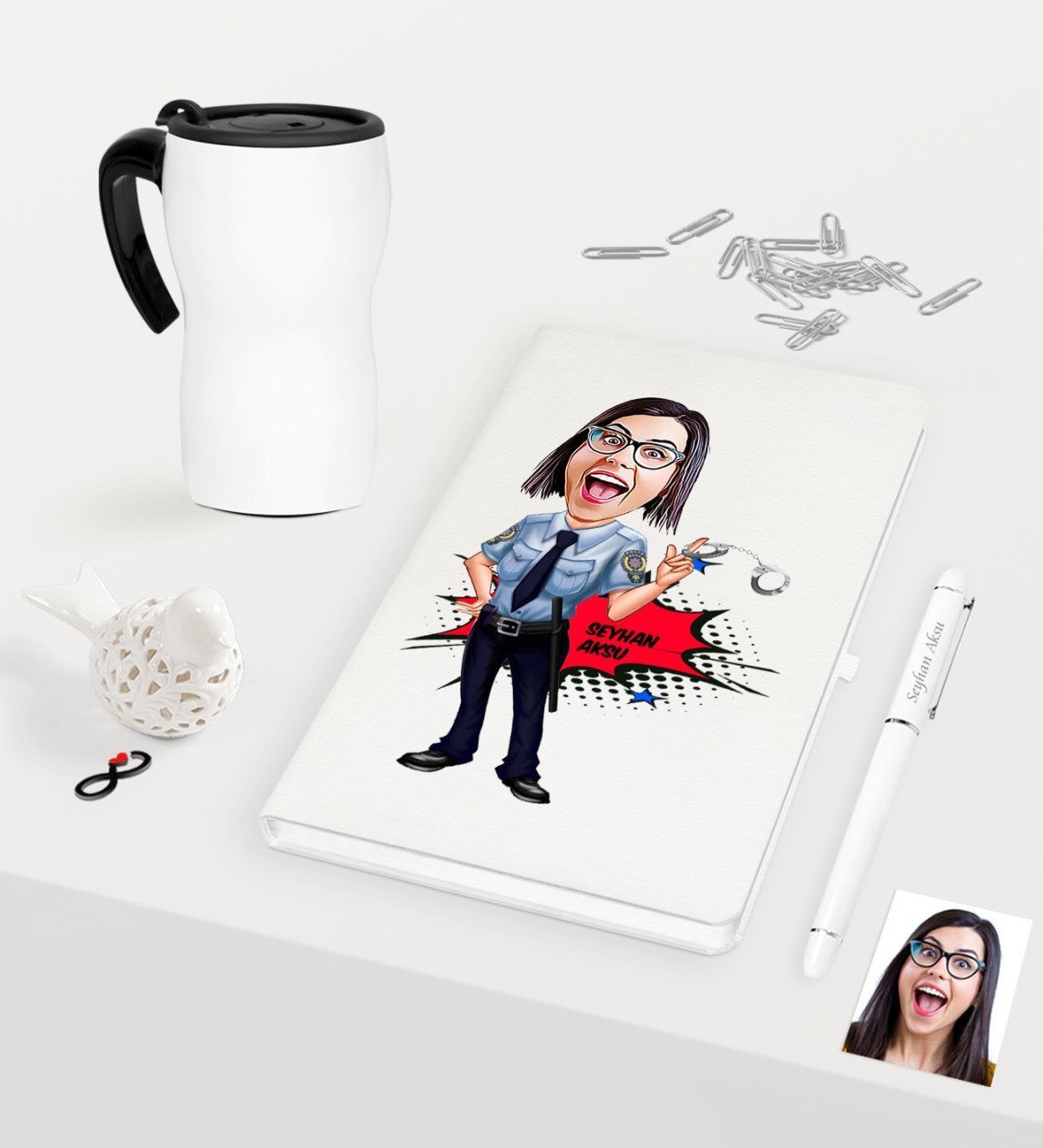 Kişiye Özel Bayan Polis Karikatürlü Beyaz Defter Kalem Termos Mug Seti