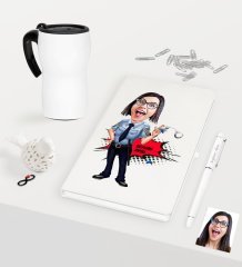 Kişiye Özel Bayan Polis Karikatürlü Beyaz Defter Kalem Termos Mug Seti