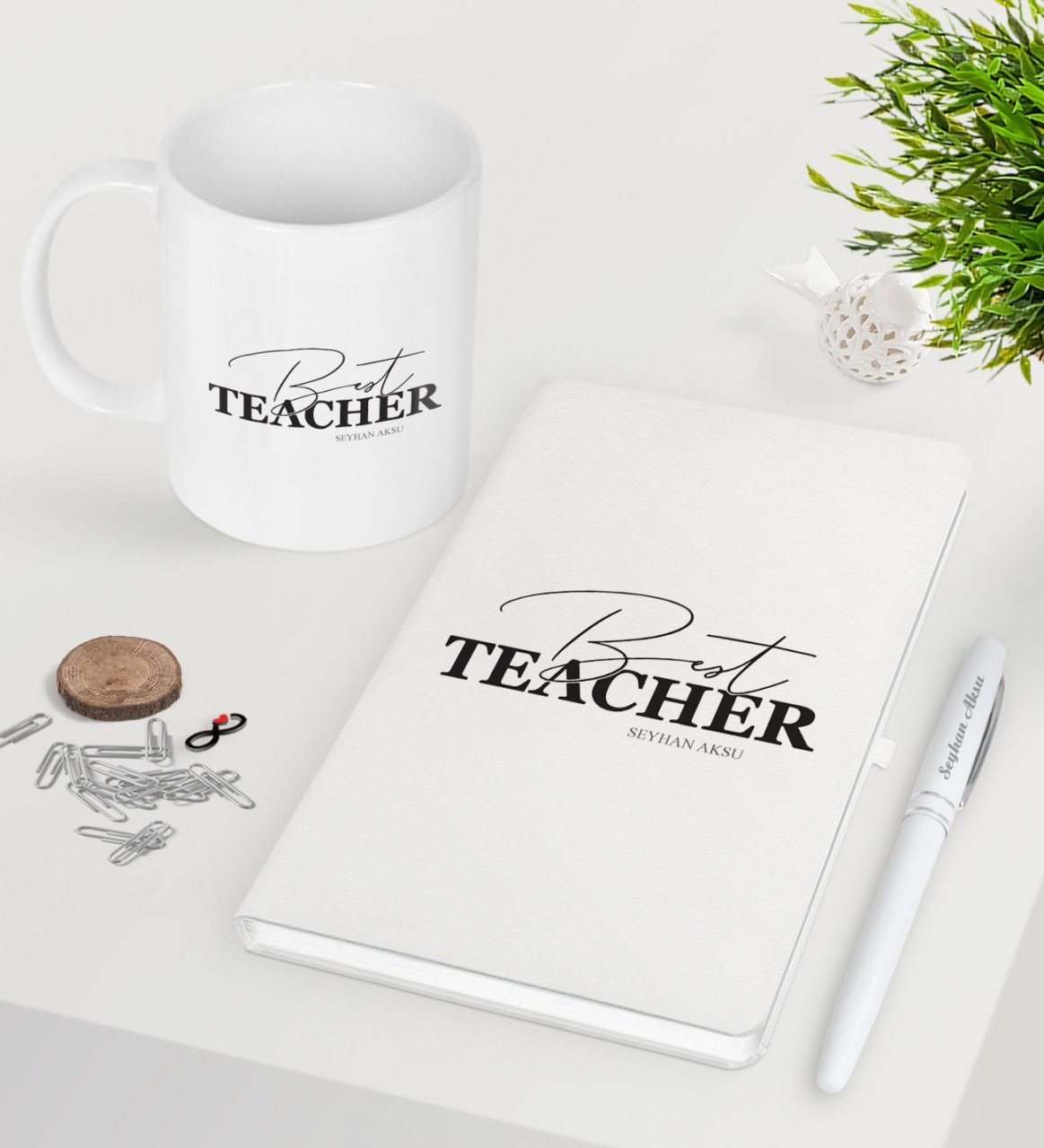 Kişiye Özel En İyi Öğretmen Beyaz Defter Kalem Kupa Seti-17
