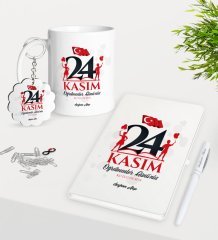Kişiye Özel Öğretmenler Gününüz Kutlu Olsun Kupa Anahtarlık Beyaz Defter Kalem Hediye Seti-2