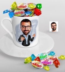 Kişiye Özel Amca Karikatürlü Türk Kahvesi Fincanı ve Haribo Şeker Hediye Seti