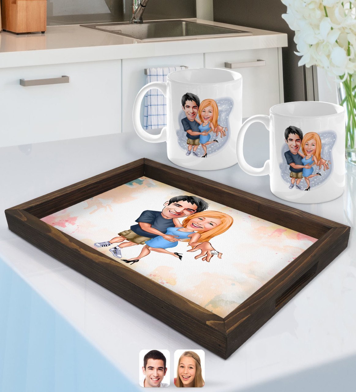 Kişiye Özel Sevgililer Karikatürlü Doğal Ahşap Tepsi ve 2’li Kupa Bardak Seti-14