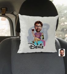 Kişiye Özel İsimli Erkek Karikatürlü Kare Araç Koltuk Yastığı-2