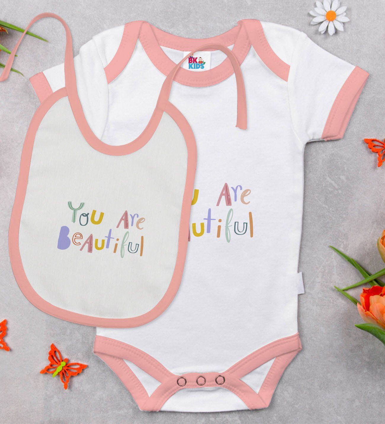 BK Kids You Are Beautiful Tasarımlı Pembe Bebek Body Zıbın ve Mama Önlüğü Hediye Seti-1