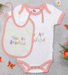BK Kids You Are Beautiful Tasarımlı Pembe Bebek Body Zıbın ve Mama Önlüğü Hediye Seti-1
