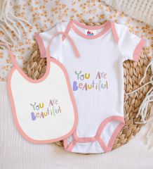 BK Kids You Are Beautiful Tasarımlı Pembe Bebek Body Zıbın ve Mama Önlüğü Hediye Seti-1
