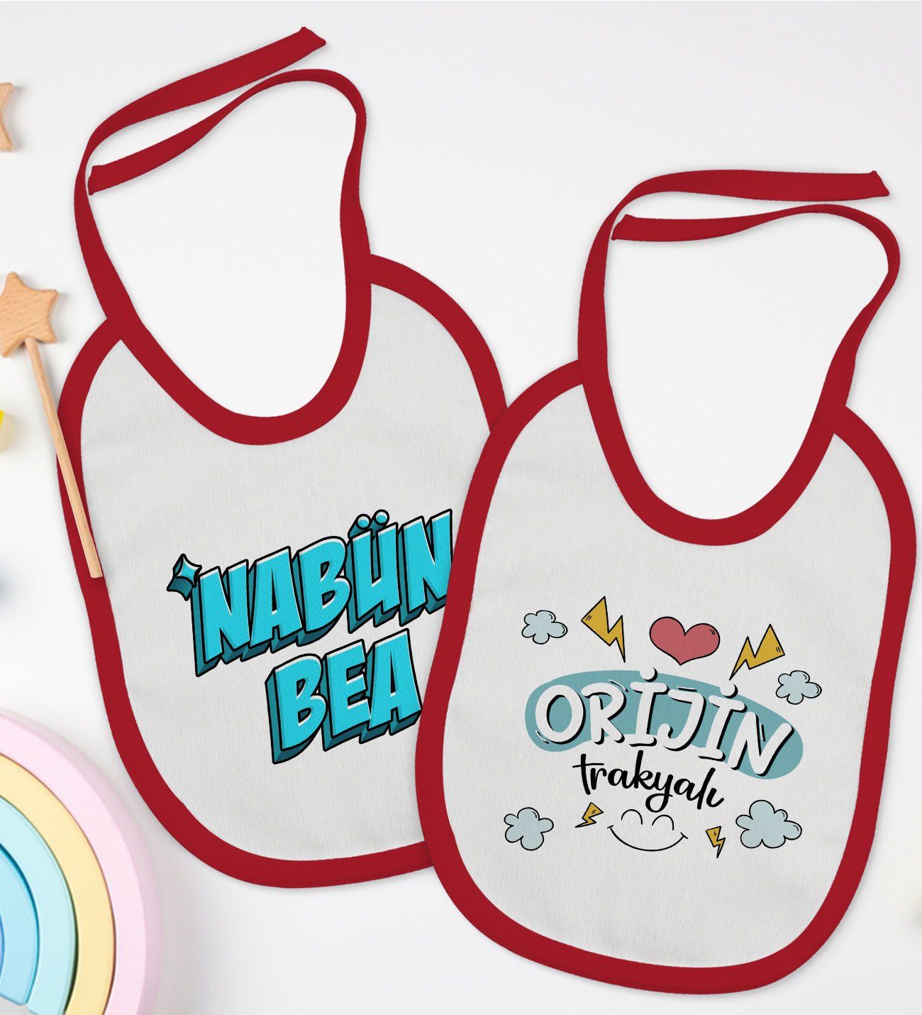 BK Kids Nabün Bea ve Orjin Trakyalı Tasarımlı 2’li Kırmızı Mama Önlüğü-1