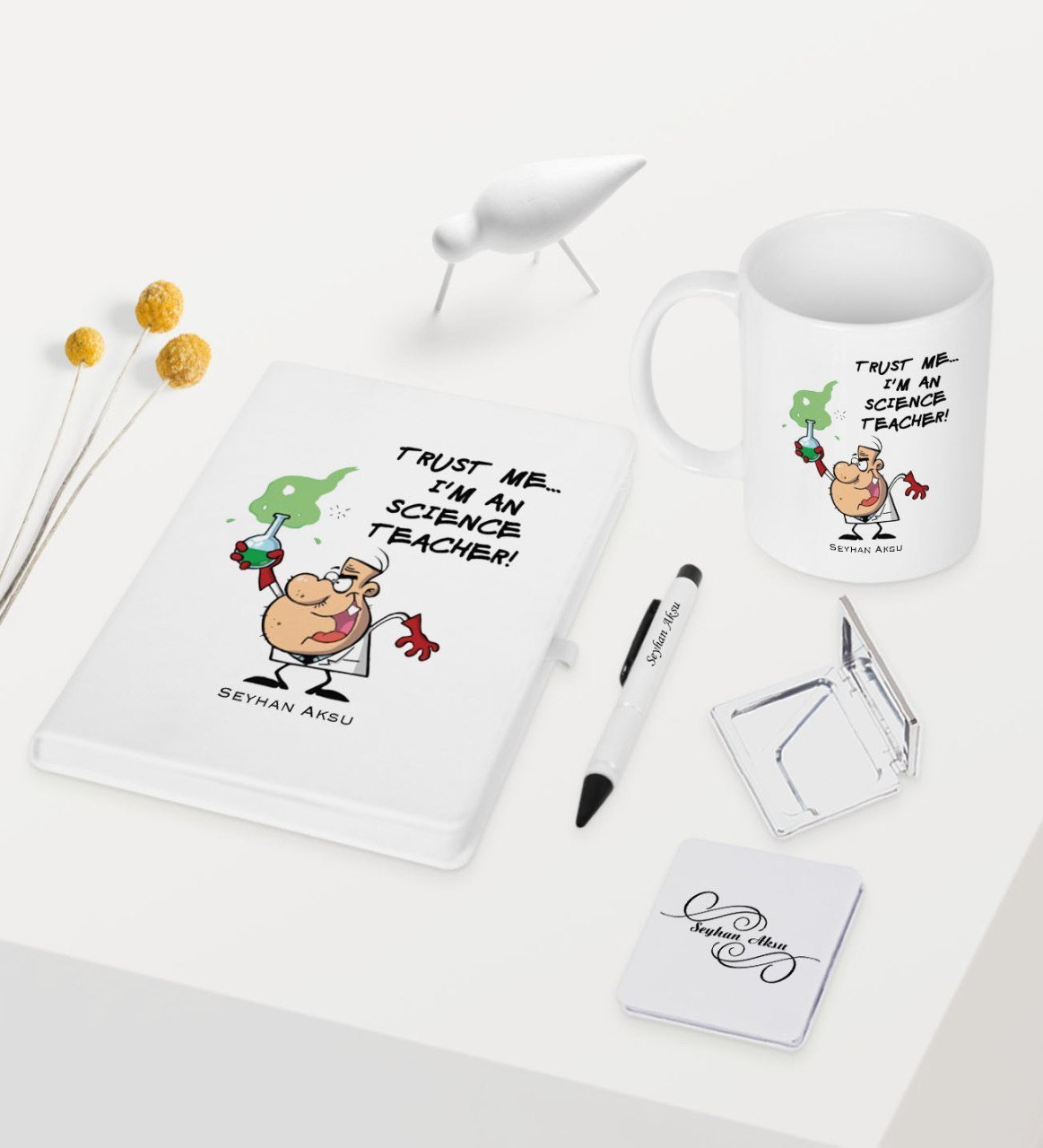 Kişiye Özel Fen Bilimleri Öğretmeni Temalı Beyaz Defter Kalem Kupa Ayna Seti - 5