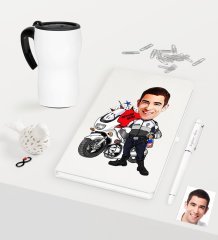 Kişiye Özel Bay Yunus Polis Karikatürlü Beyaz Defter Kalem Termos Mug Seti