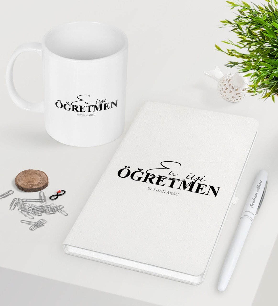 Kişiye Özel En İyi Öğretmen Beyaz Defter Kalem Kupa Seti-16