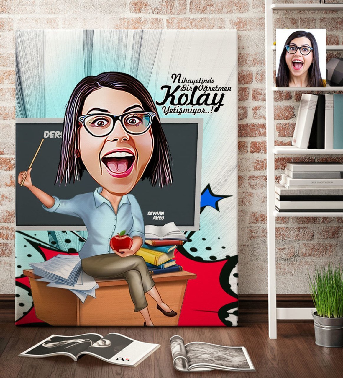 Kişiye Özel Bayan Öğretmen Karikatür Kanvas Tablo (70 x 100 cm.) 2
