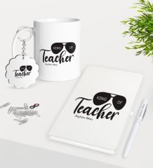 Kişiye Özel Öğretmenin Kralı Kupa Anahtarlık Beyaz Defter Kalem Hediye Seti-1