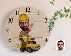Kişiye Özel Erkek Yol Mühendisi Karikatürlü Otantik Ahşap Palet Saat-1
