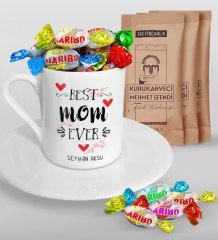 Kişiye Özel En İyi Anne Tasarımlı Türk Kahvesi Fincanı Mehmet Efendi Kahve ve Haribo Şeker Hediye Seti-3