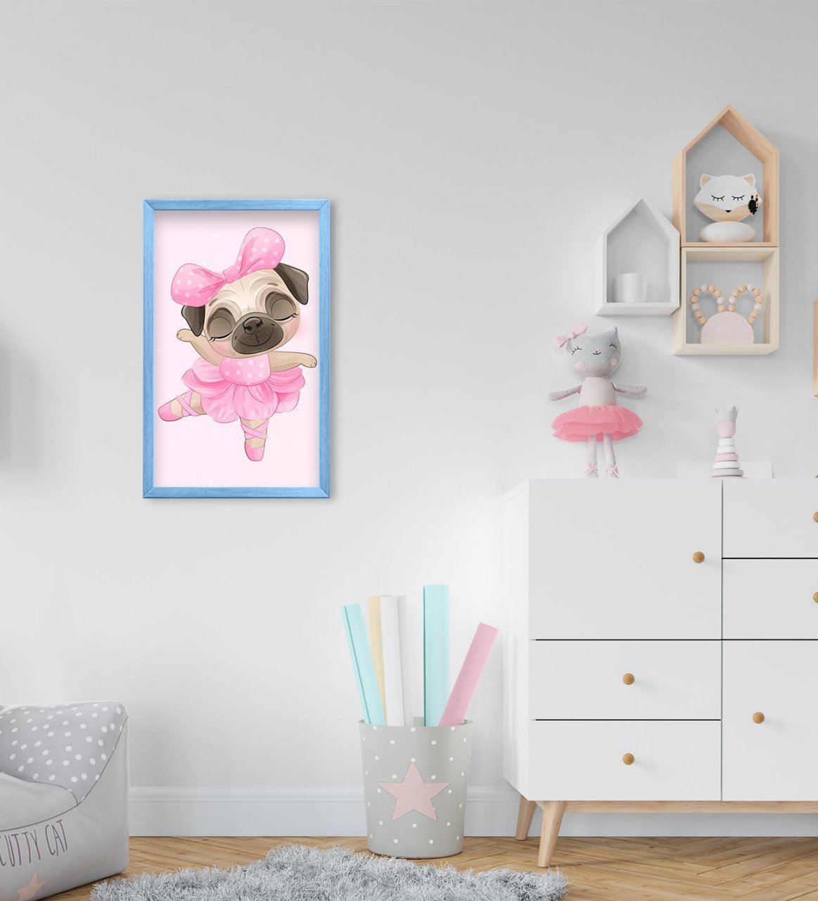 BK Home Tatlı Köpek Tasarımlı Dekoratif Mavi Ahşap Çerçeveli Çocuk Odası Tablo-2