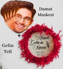 BK Gift Kişiye Özel Damat Yüz Maskesi (5 adet) ve İsimli Tüylü Gelin Tefi , Kına Tefi (28cm)