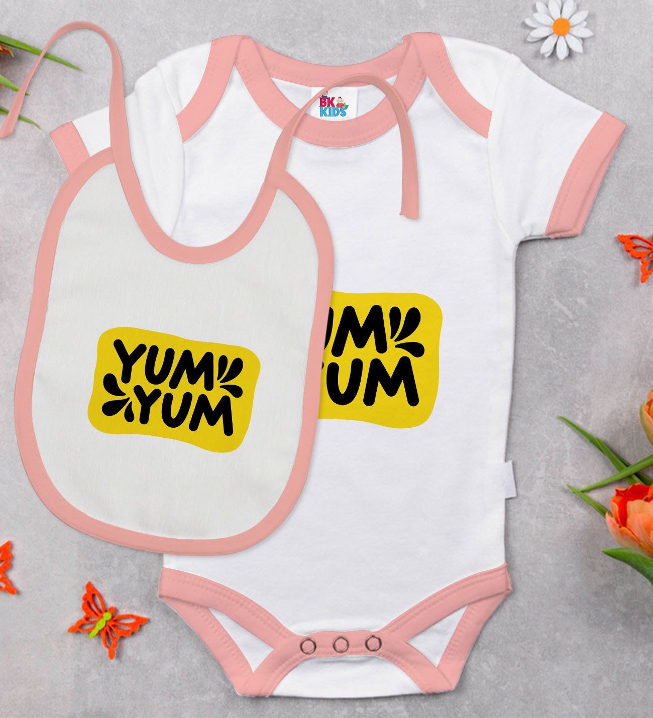 BK Kids Yum Yum Tasarımlı Pembe Bebek Body Zıbın ve Mama Önlüğü Hediye Seti-1
