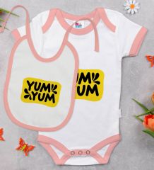 BK Kids Yum Yum Tasarımlı Pembe Bebek Body Zıbın ve Mama Önlüğü Hediye Seti-1
