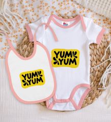 BK Kids Yum Yum Tasarımlı Pembe Bebek Body Zıbın ve Mama Önlüğü Hediye Seti-1