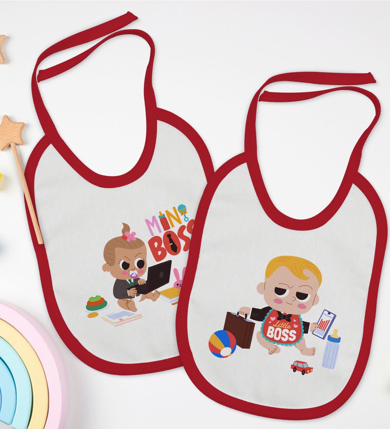BK Kids Mini ve Little Boss Tasarımlı 2’li Kırmızı Mama Önlüğü-1