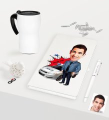 Kişiye Özel Bay Trafik Polisi Karikatürlü Beyaz Defter Kalem Termos Mug Seti - 2
