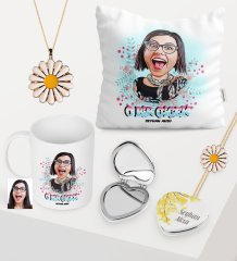 Kadınlara Özel Karikatürlü Kupa Çiçekli Ayna Yastık Papatya Takı Seti - 6