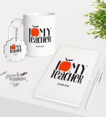 Kişiye Özel Öğretmenimi Seviyorum Kupa Anahtarlık Beyaz Defter Kalem Hediye Seti-3