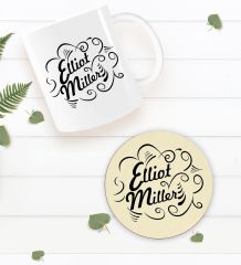 BK Gift Kişiye Özel İsimli Beyaz Kupa Bardak ve Yuvarlak Ahşap Bardak Altlığı Hediye Seti -6