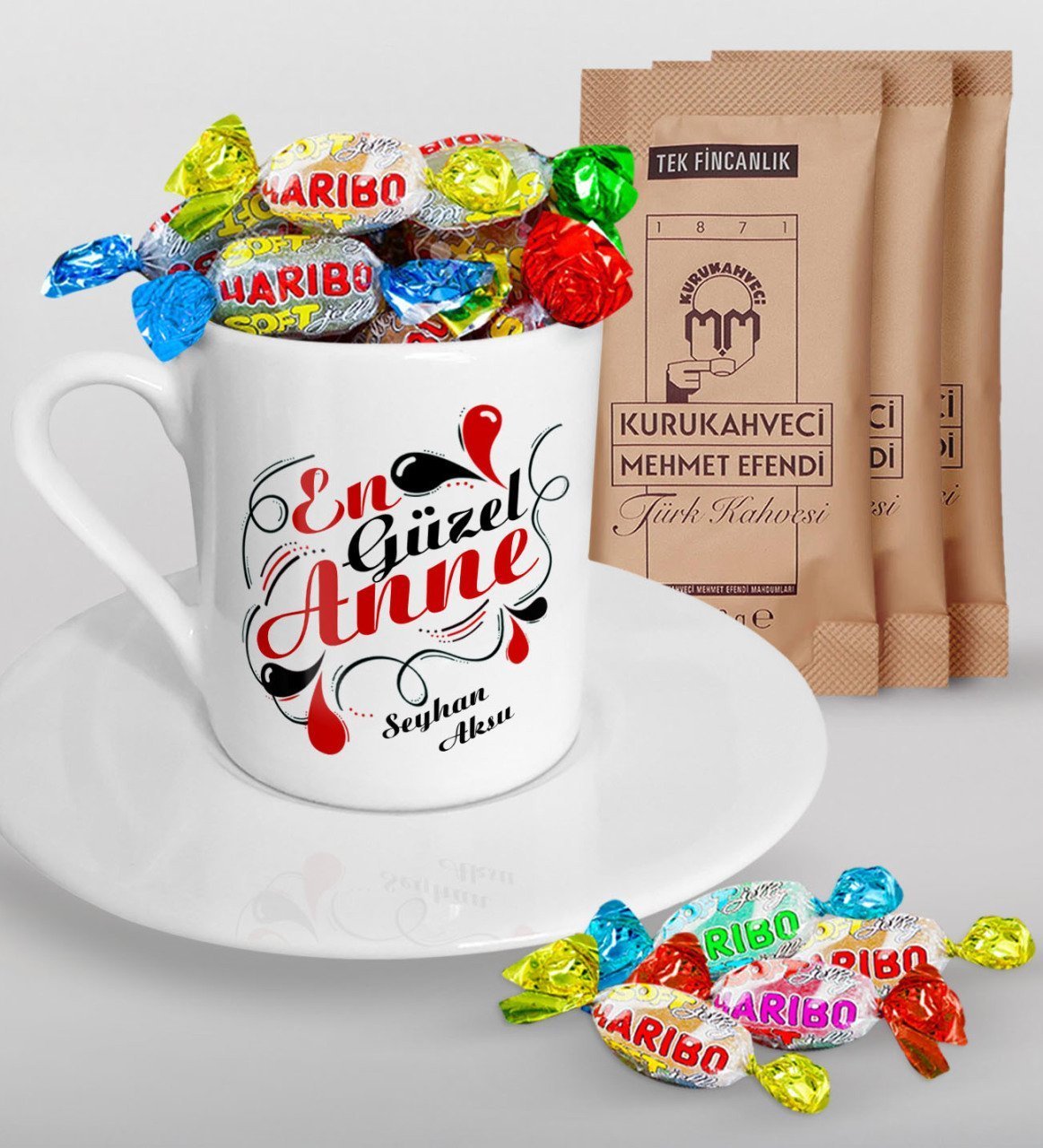 Kişiye Özel En Güzel Anne Tasarımlı Türk Kahvesi Fincanı Mehmet Efendi Kahve ve Haribo Şeker Hediye Seti-1