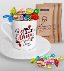Kişiye Özel En Güzel Anne Tasarımlı Türk Kahvesi Fincanı Mehmet Efendi Kahve ve Haribo Şeker Hediye Seti-1
