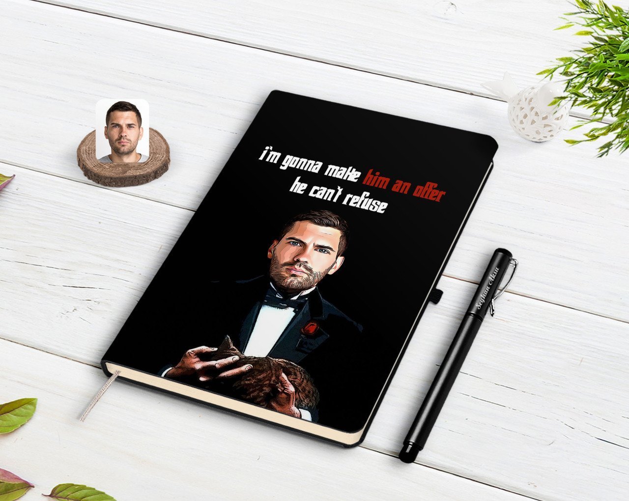Kişiye Özel Godfather Baba Karikatürlü Siyah Defter ve Kalem Hediye Seti-9