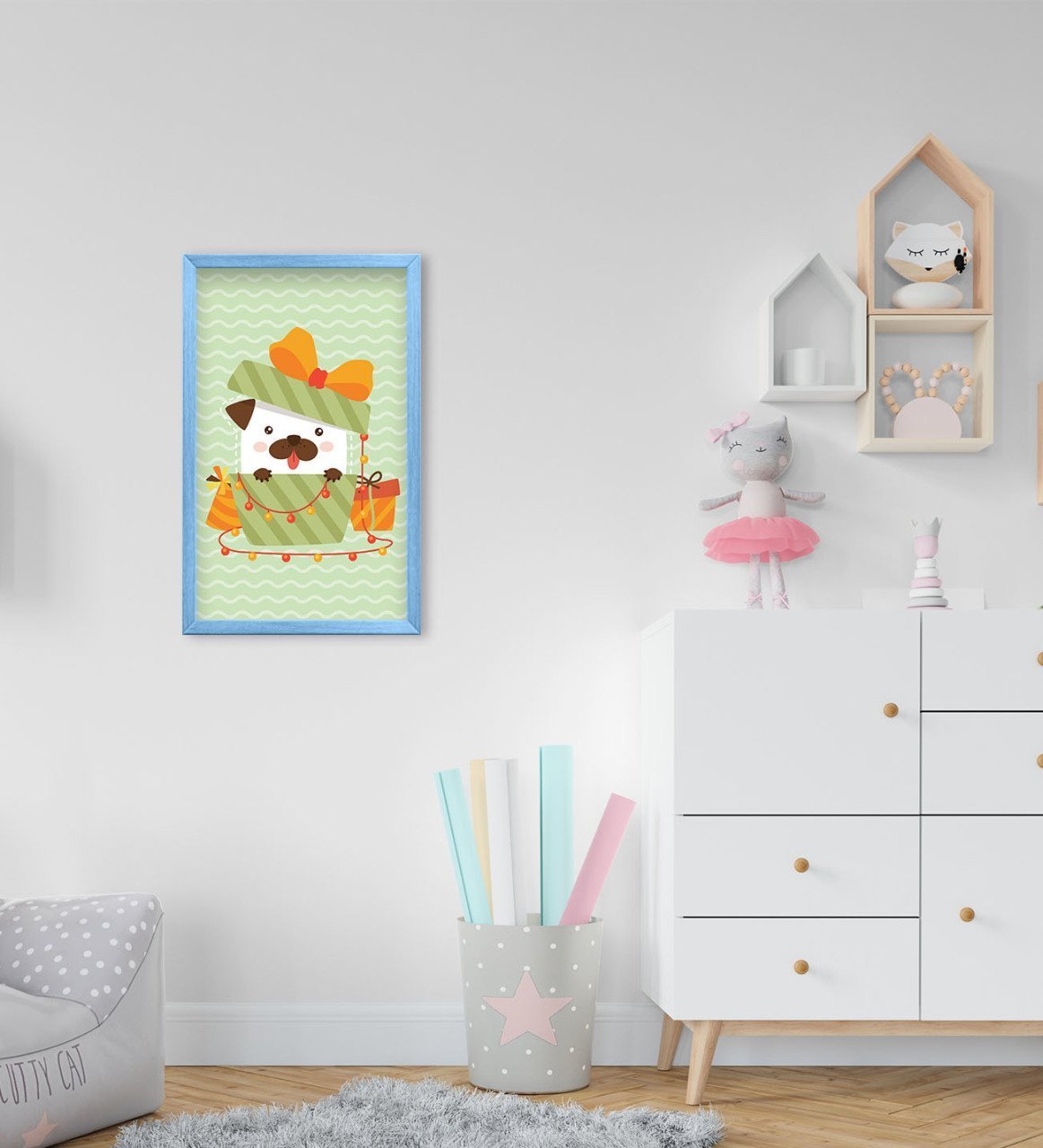 BK Home Tatlı Köpek Tasarımlı Dekoratif Mavi Ahşap Çerçeveli Çocuk Odası Tablo-1