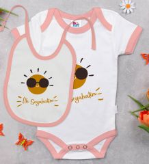 BK Kids İlk Seyahat Tasarımlı Pembe Bebek Body Zıbın ve Mama Önlüğü Hediye Seti-1