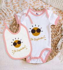BK Kids İlk Seyahat Tasarımlı Pembe Bebek Body Zıbın ve Mama Önlüğü Hediye Seti-1