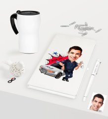 Kişiye Özel Bay Trafik Polisi Karikatürlü Beyaz Defter Kalem Termos Mug Seti - 1