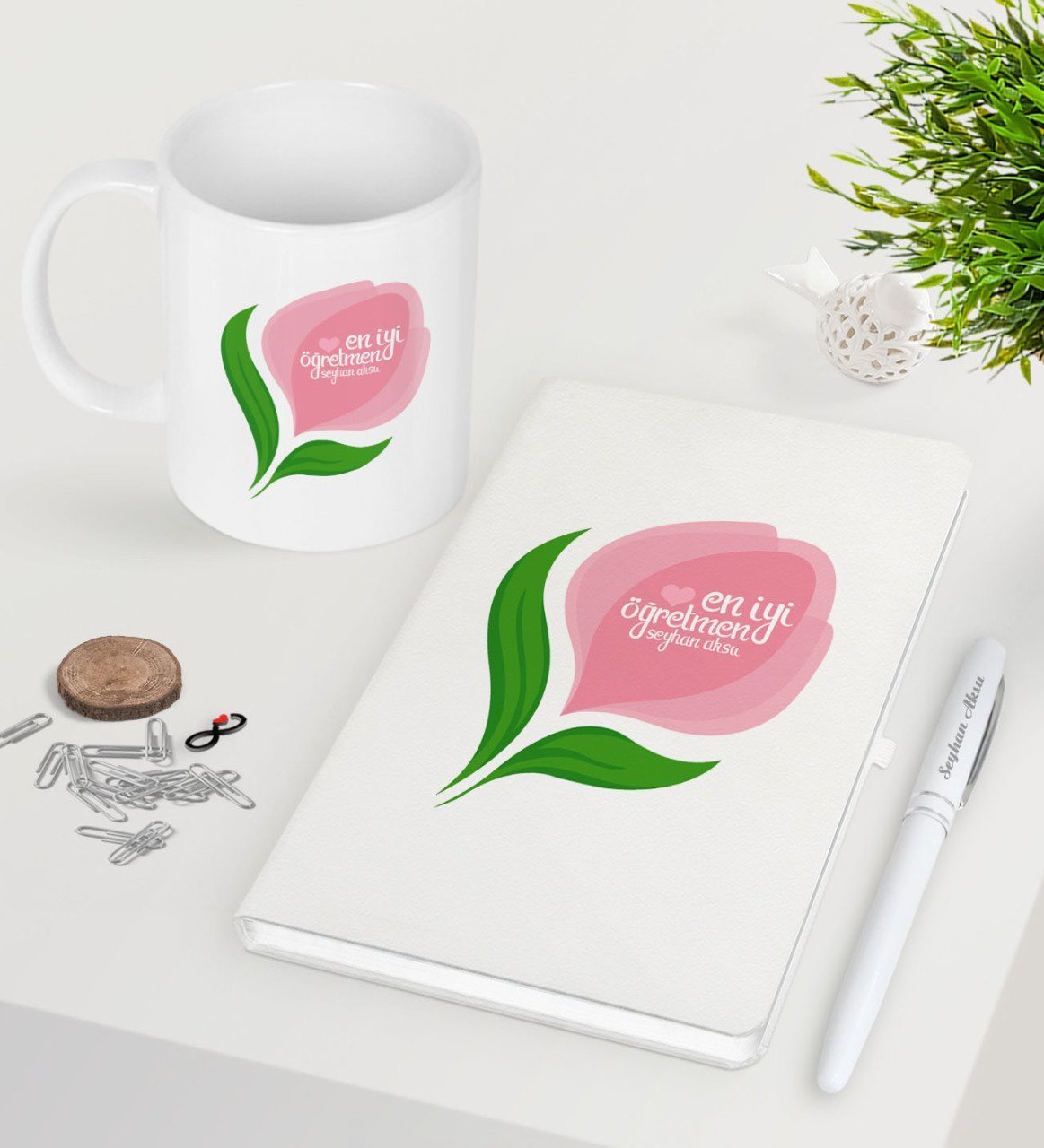Kişiye Özel En İyi Öğretmen Beyaz Defter Kalem Kupa Seti-14