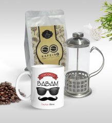 Kişiye Özel Yakışıklı Babam Tasarımlı Kupa & French Press & 250gr Filtre Kahve Hediye Seti-5