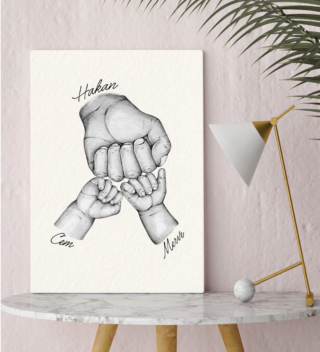 BK Gift Kişiye Özel Baba ve Çocuklar El Tasarımlı Siyah Beyaz Kanvas Tablo-2 30x50, Babaya Hediye, Yeni Doğum Hediyesi