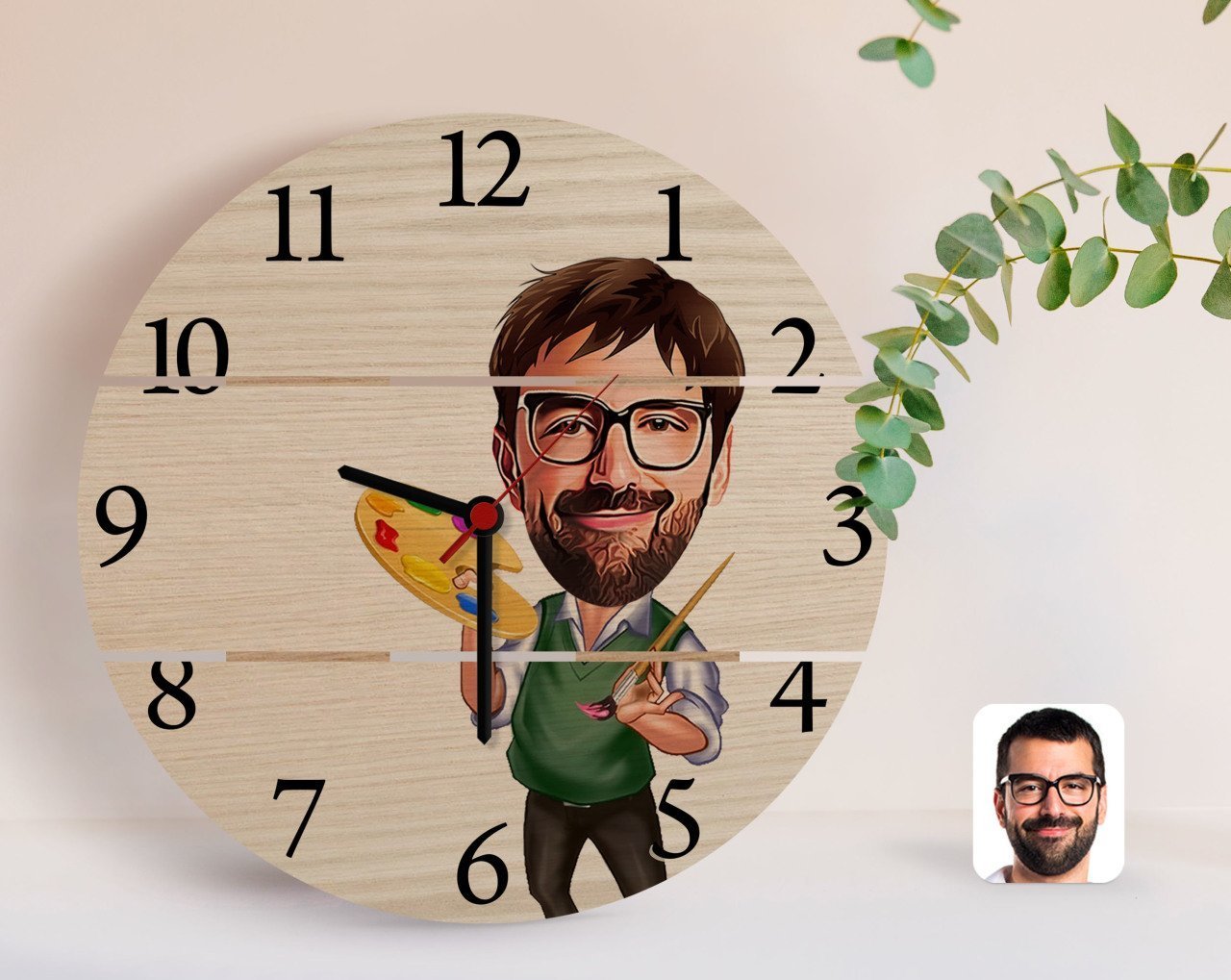 Kişiye Özel Erkek Ressam Karikatürlü Otantik Ahşap Palet Saat-1