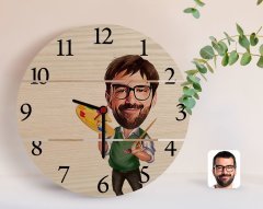 Kişiye Özel Erkek Ressam Karikatürlü Otantik Ahşap Palet Saat-1