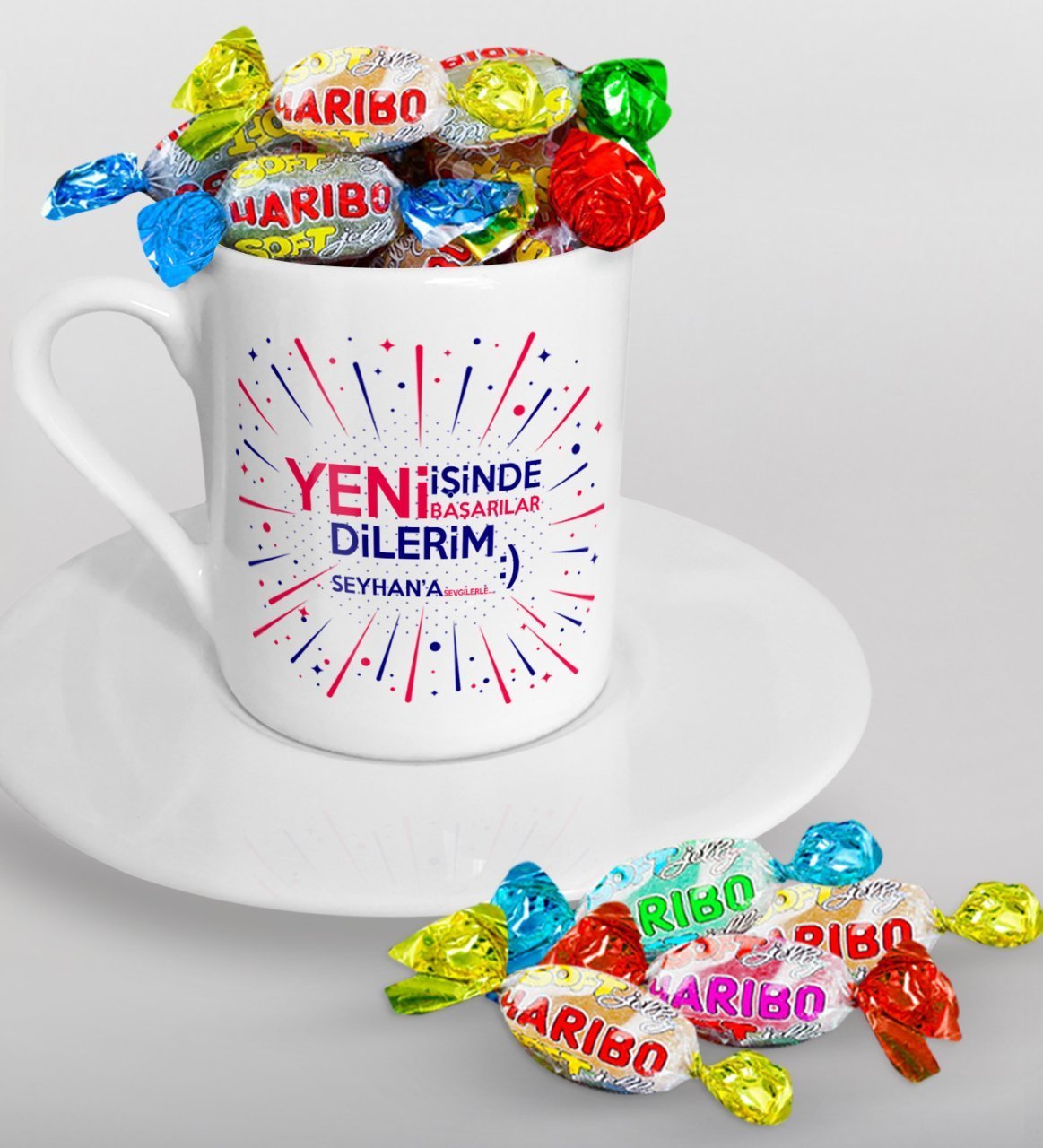 Kişiye Özel Yeni İşinde Başarılar Dilerim Türk Kahvesi Fincanı ve Haribo Şeker Hediye Seti-6