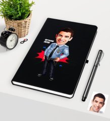 Kişiye Özel Bay Polis Karikatürlü Siyah Defter Kalem Seti - 1