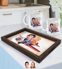 Kişiye Özel Sevgililer Karikatürlü Doğal Ahşap Tepsi ve 2’li Kupa Bardak Seti-11