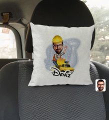 Kişiye Özel İsimli Erkek Yol Mühendisi Karikatürlü Kare Araç Koltuk Yastığı-1