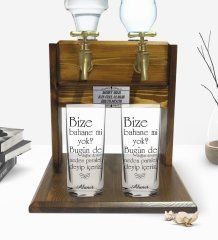 Kişiye Özel Renkli Baskılı Bahane Mi Yok Tasarımlı İkili Rakı Bardağı ve Çift Musluklu Doğal Ahşap Rakı Standı-1