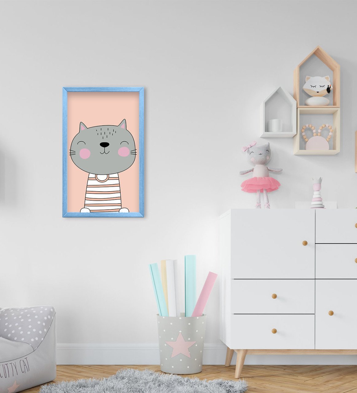 BK Home Tatlı Kedi Tasarımlı Dekoratif Mavi Ahşap Çerçeveli Çocuk Odası Tablo-2