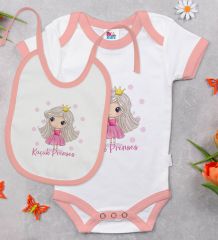 BK Kids Küçük Prenses Tasarımlı Pembe Bebek Body Zıbın ve Mama Önlüğü Hediye Seti-1