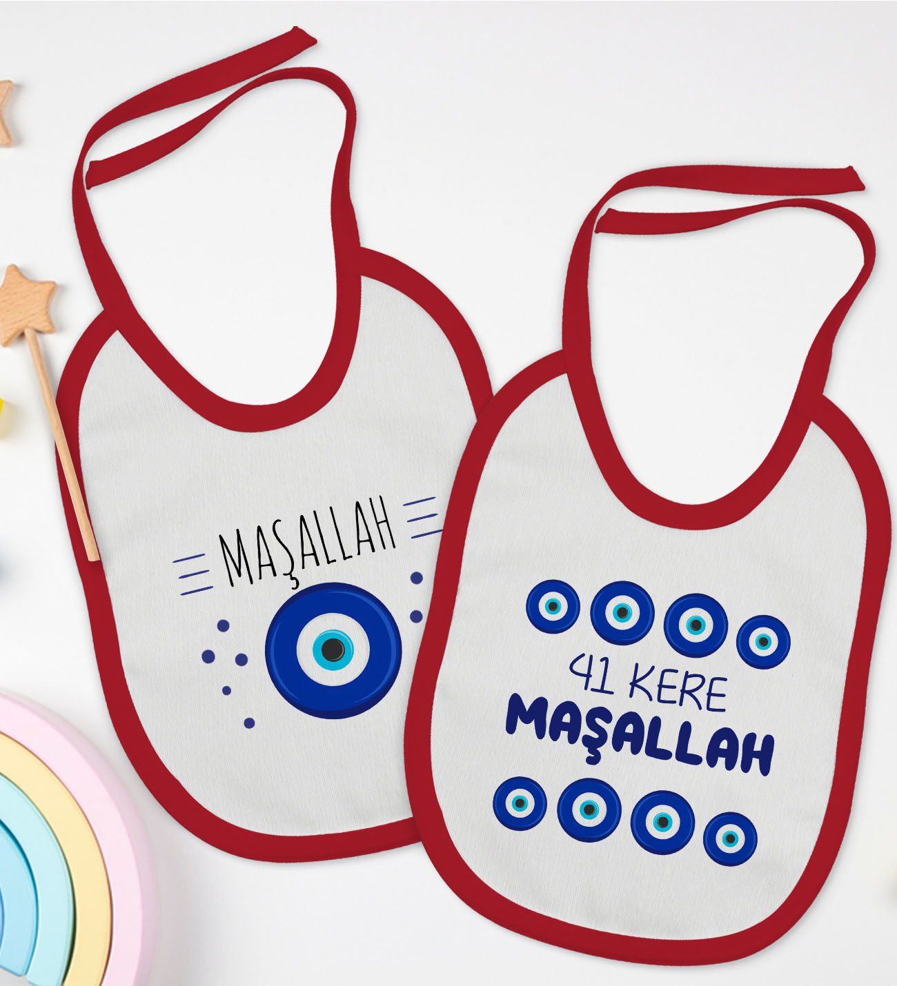 BK Kids Maşallah Tasarımlı 2’li Kırmızı Mama Önlüğü-1